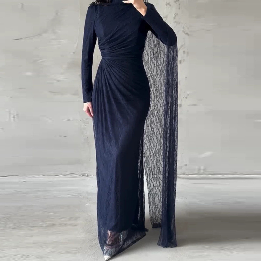 Forever 21 Navy Blue Lace Shawl Dress With Waist Cinching And Ruffles